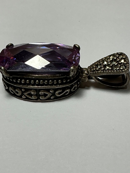 Sterling Silver Oval Pendant with Marcasite and a Purple Stone. 1.5 inches long - Picture 2 of 6